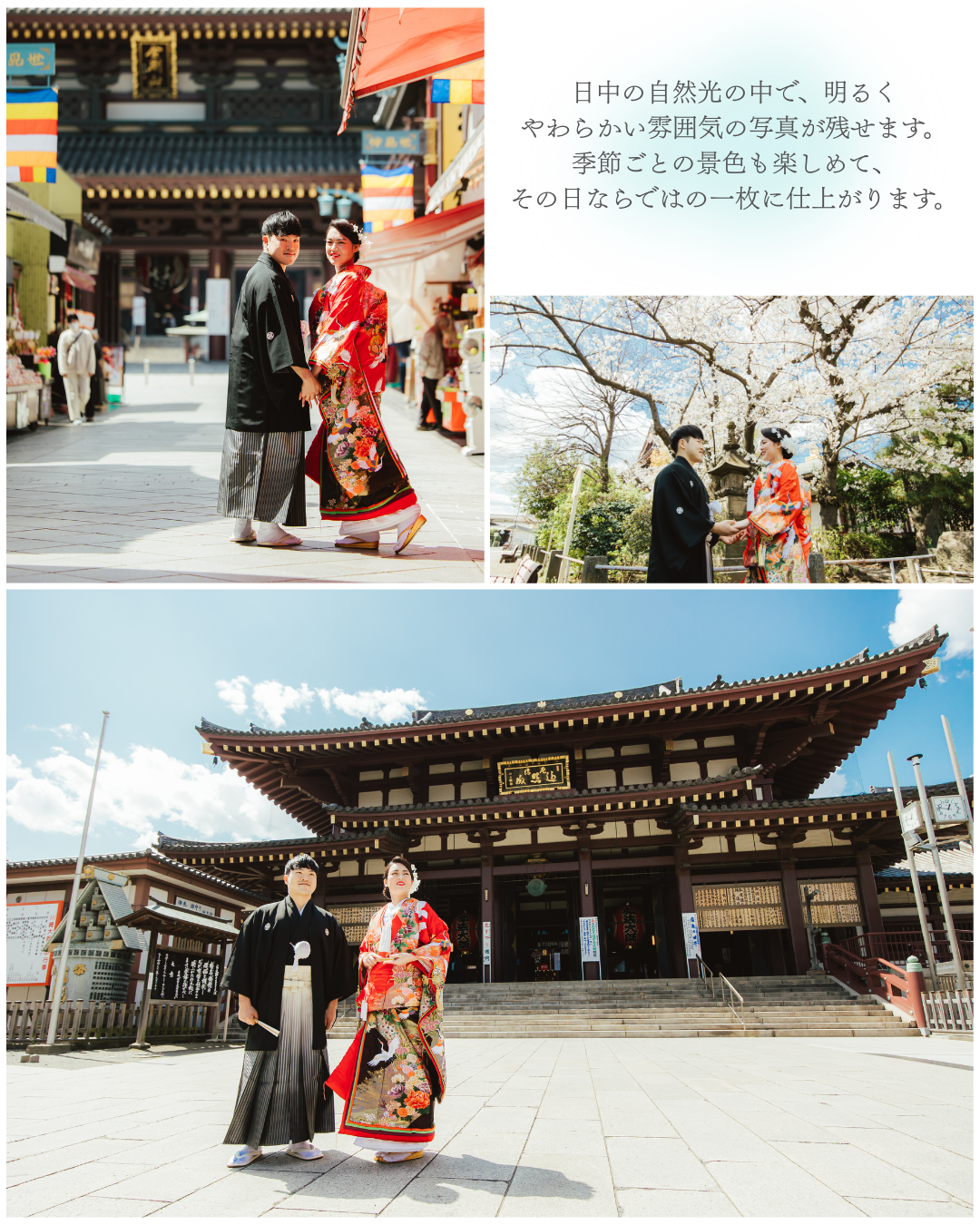 日中の自然光の中で、明るくやわらかい雰囲気の写真が残せます。季節ごとの景色も楽しめて、その日ならではの一枚に仕上がります。