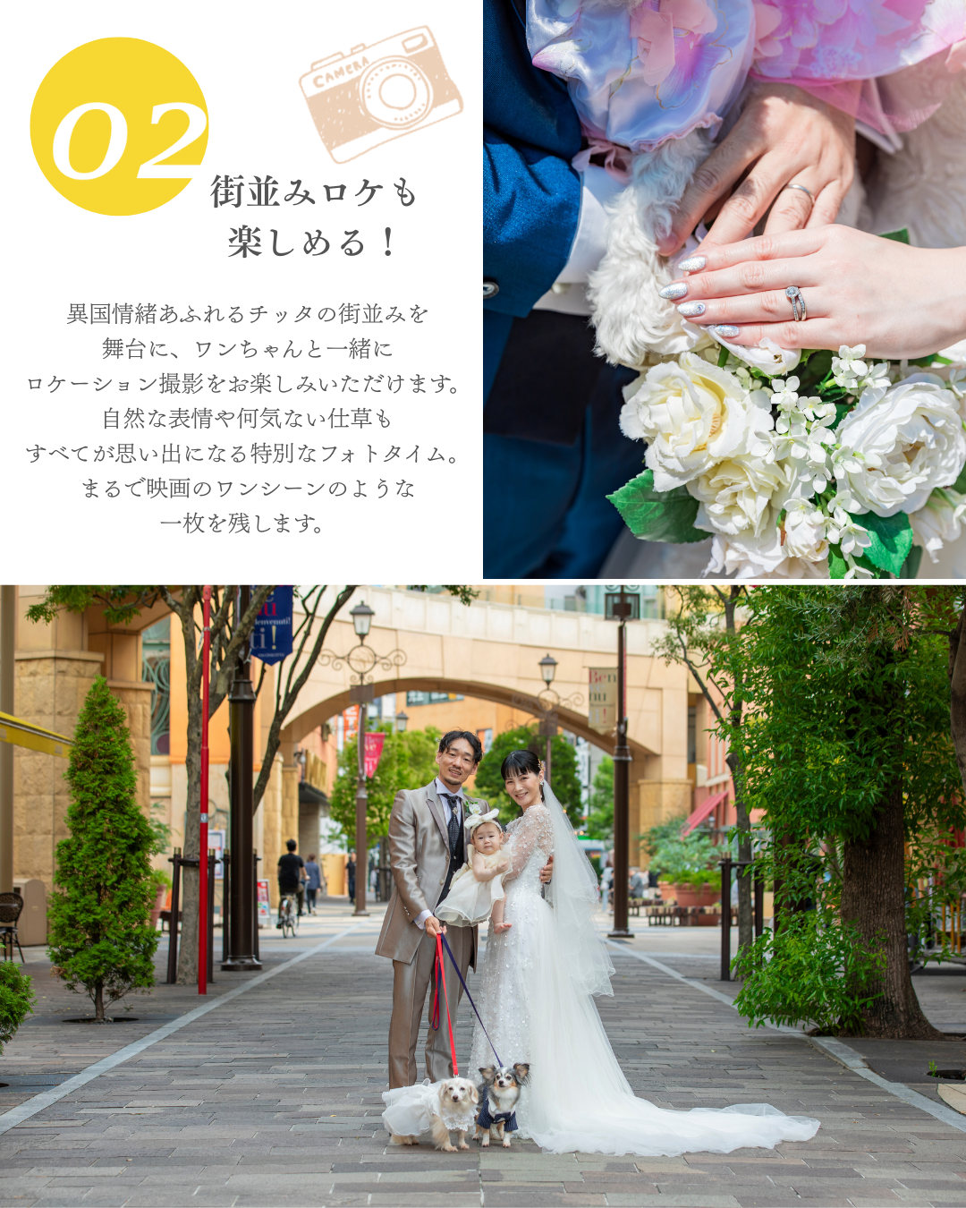 【街並みロケも楽しめる！】
異国情緒あふれるチッタの街並みを舞台にワンちゃんと一緒にロケーション撮影をお楽しみいただけます。自然な表情や何気ない仕草もすべてが思い出になる特別なフォトタイム。まるで映画のワンシーンのような一枚を残します。